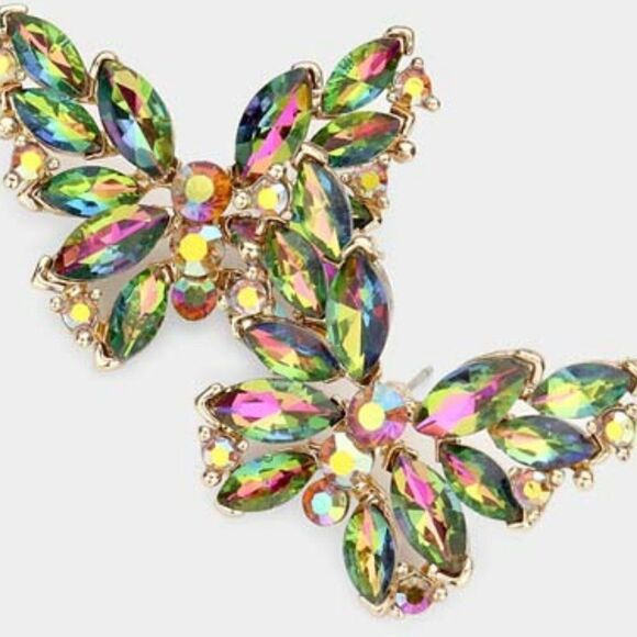 Butterfly Oil Spill Crystal Cluster Evening Earrings - Picture 3 of 6